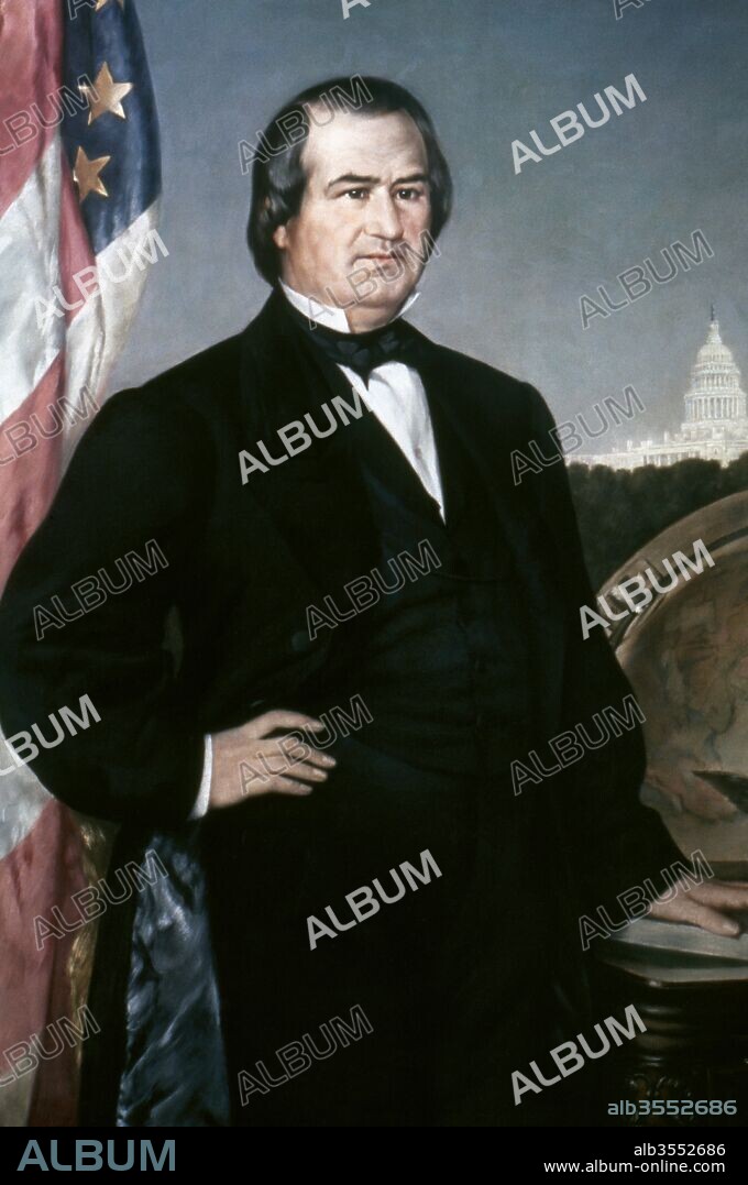 Andrew Johnson (Raleigh, Carolina del Norte, 1808-Condado de Carter, Tennessee, 1875). Decimoséptimo presidente de los Estados Unidos (abril de 1865-marzo de 1869). Alcalde de Greenville, gobernador de Tennesse (1853-1857), senador federal (1857-1862) y 1875. Vicepresidente (1865) tras el asesinato del presidente Lincoln. Durante su administración se negoció la compra de Alaska (1867) y la evacuación de los franceses en México. Retrato realizado por Frank Buchser en 1866.