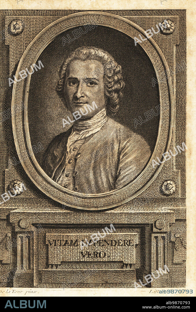 Oval portrait of Jean-Jacques Rousseau, French philosopher, writer and composer, 1712-1778. With motto by Juvenal: Vitam impendere vero. To devote ones life to truth. Copperplate engraving by Claude Antoine Littret after a portrait by Maurice Quentin de Latour, published in Paris, France, 1763.