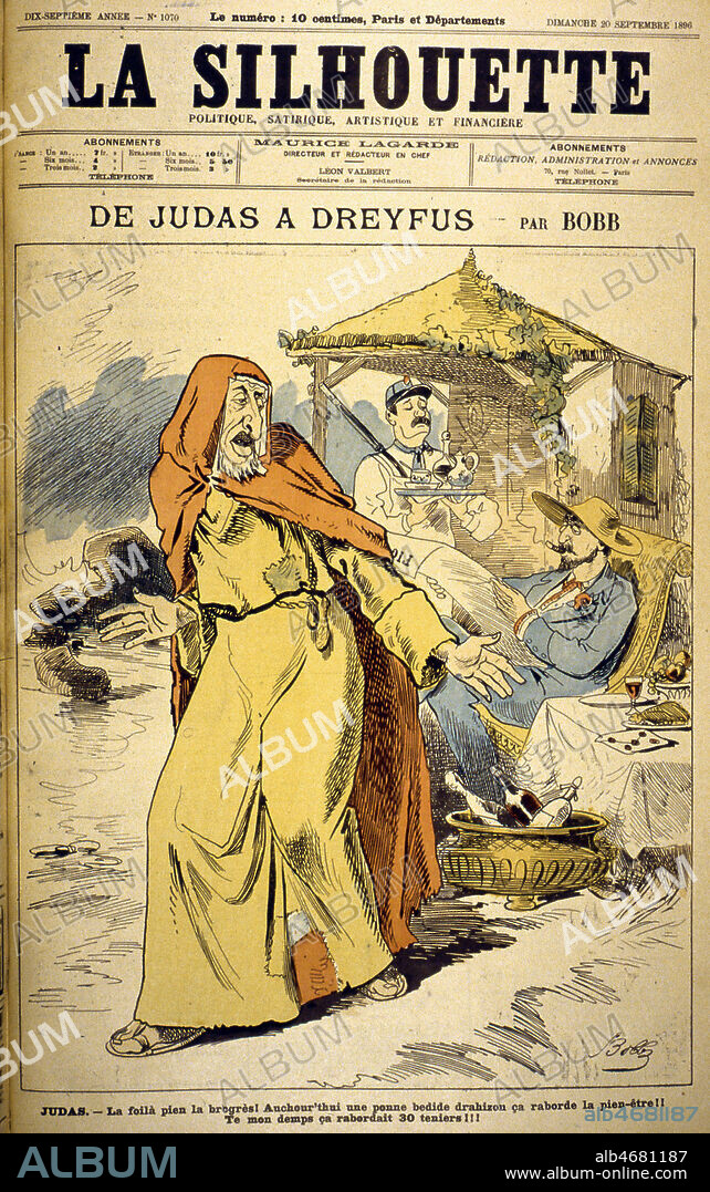 'De Judas a Dreyfus'. Caricature antidreyfusarde et antisemite par BOBB, publiee dans La Silhouette du 20 septembre 1896. (19e, 19eme, XIXe s.) Credit : JEAN VIGNE / KHARBINE-TAPABOR.