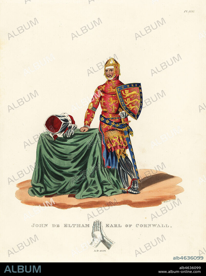 John de Eltham, First Earl of Cornwall, 1316-1336, second son of King Edward II of England. He wears a conical cervelliere helmet with coronet, vandyked drapery and gorget, sleeveless hauberk, plate-armour, greaves and gauntlets. He wears a hauketon and pourpoint under the armorial cyclas, ornamented girdle and studded sword sheath. Shield with coat of arms of three lions within a bordure France. Handcoloured lithograph by Maddocks after an illustration by S.R. Meyrick from Sir Samuel Rush Meyrick's A Critical Inquiry into Antient Armour, John Dowding, London, 1842.