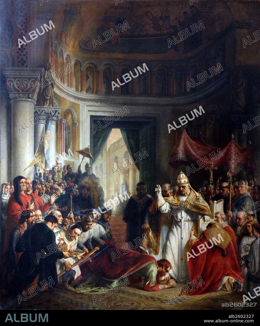 Submission of the emperor Barbarossa to Pope Alexander III, 1867 by Solomon Hart 1806-1881. Frederick I (1122 – 10 June 1190), known as Barbarossa, was the Holy Roman Emperor from 1155 until his death. Frederick had to humble himself before Alexander III at Venice. In 1177 the emperor acknowledged the pope's sovereignty over the Papal States, and in return Alexander acknowledged the emperor's over lordship of the Imperial Church.