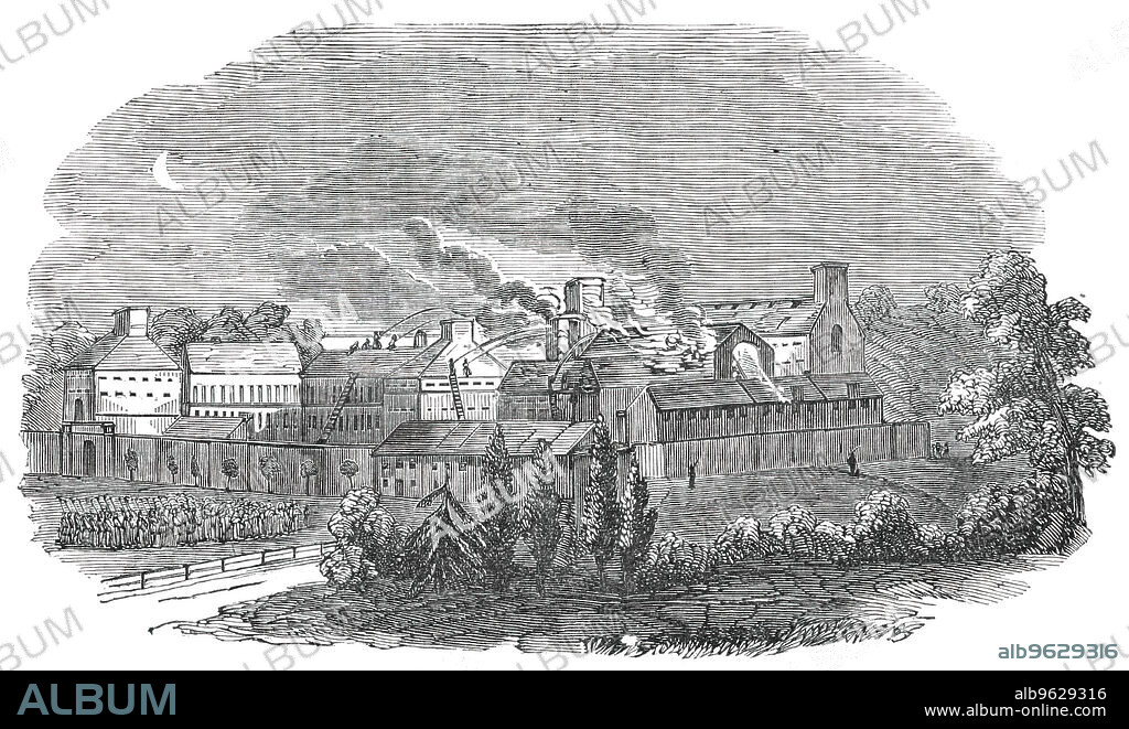 Fire at Parkhurst Prison, Isle of Wight, on Tuesday last, 1850. 'As soon as the alarm was sounded, the juveniles were rescued, and every precaution taken by the officers for their safe custody. So rapid were the flames, that great apprehension was entertained for the safety of those locked up in the further cells, and orders were given for one and all to break open their doors, and the young ones fortunately saved themselves: four or five having a most miraculous escape: most of the boys left their dormitories in a state of nudity; some, however, at the onset saved their clothing and blankets...So great was the heat, that the iron bedsteads (about 200) were all molten into masses...The Lower Prison, in which the fire took place, houses boys between the ages of 15 and 19 years. We are happy to state that no lives have been lost, although some few had a narrow escape'. From "Illustrated London News", 1850.