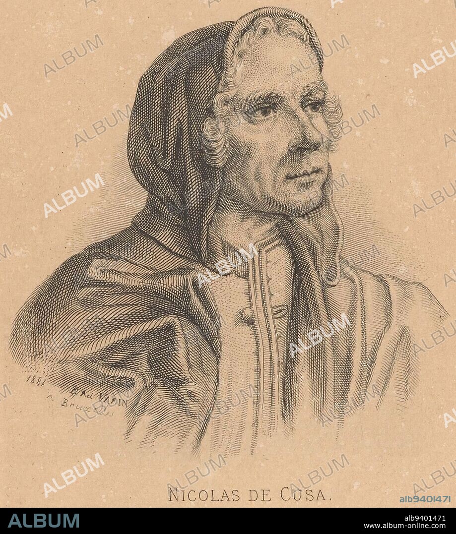 Portrait of Nicholas of Cusa, Adolphe Varin, c. 1884, print maker: Adolphe Varin, (mentioned on object), printer: A. Beillet, (mentioned on object), publisher: Fr. Gobbaerts, print maker: Brussels, printer: Paris, publisher: Paris, 1881 and/or c. 1884, paper, engraving, etching, h 150 mm - w 105 mm.