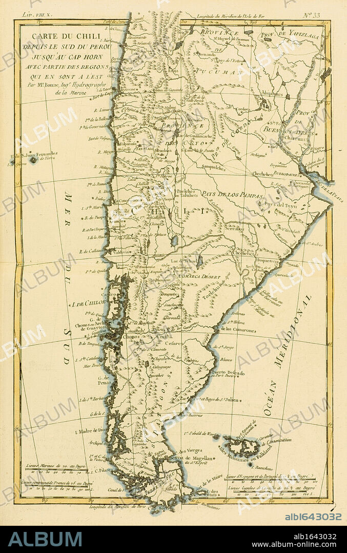 Map of Chile and southern Peru to Cape Horn, circa.1760. From 'Atlas de Toutes Les Parties Connues du Globe Terrestre ' by Cartographer Rigobert Bonne. Published Geneva circa. 1760.