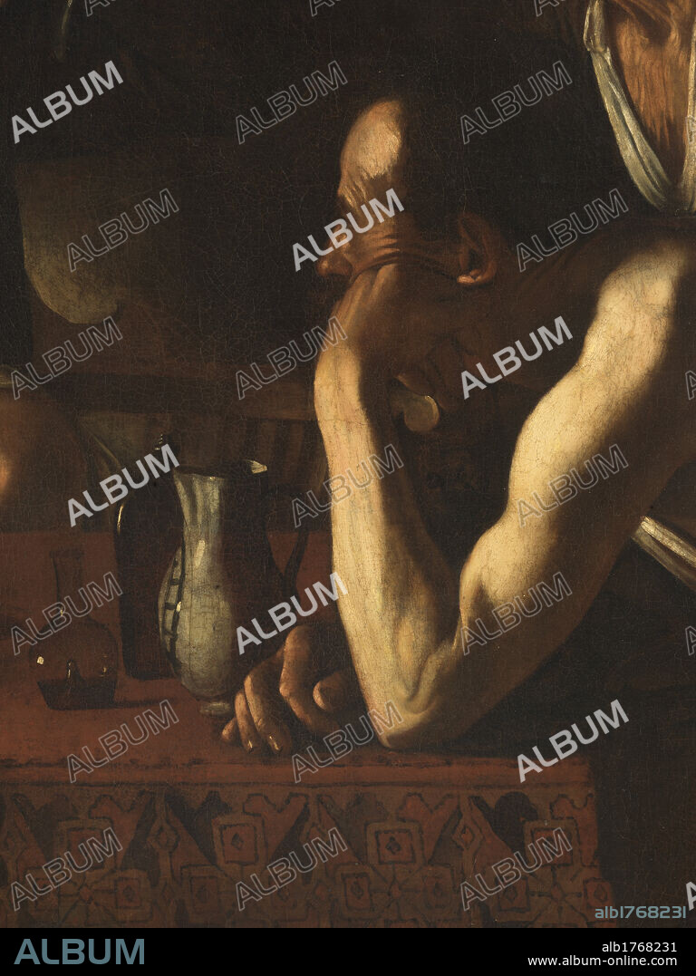 The Tooth Drawer, by Michelangelo Merisi known as Caravaggio, 1608-1609 about, 17th Century, cm 139,5 x 194,5. Italy, Tuscany, Florence, Palazzo Pitti, Palatine Gallery. Detail. Young man bent arm muscles table jar jug pitcher., photographic campaign 2009. Authorization required for non editorial use.