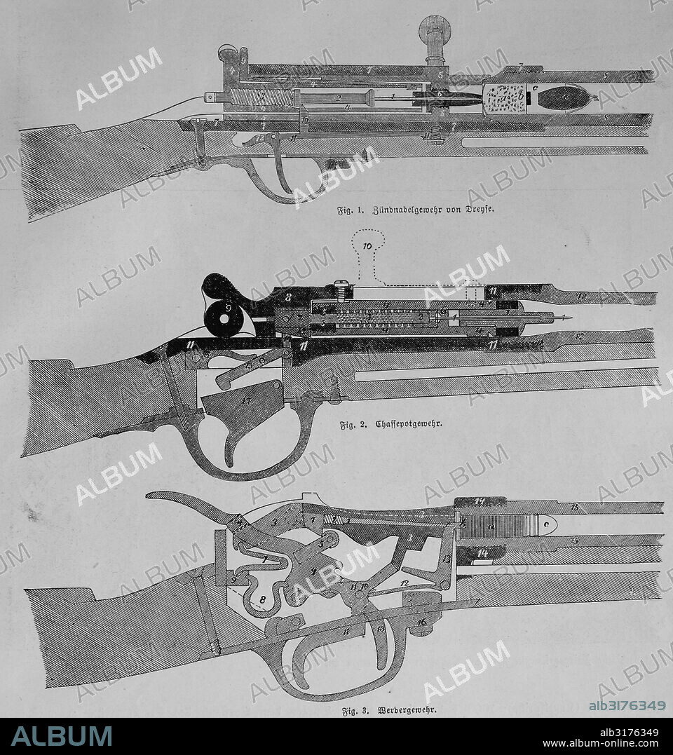 Rifles 1870. beginning at the top: dreyse needle-gun, chassepot or fusil modele 1866 and a werder rifle, illustrated war history, german - french war 1870-1871.