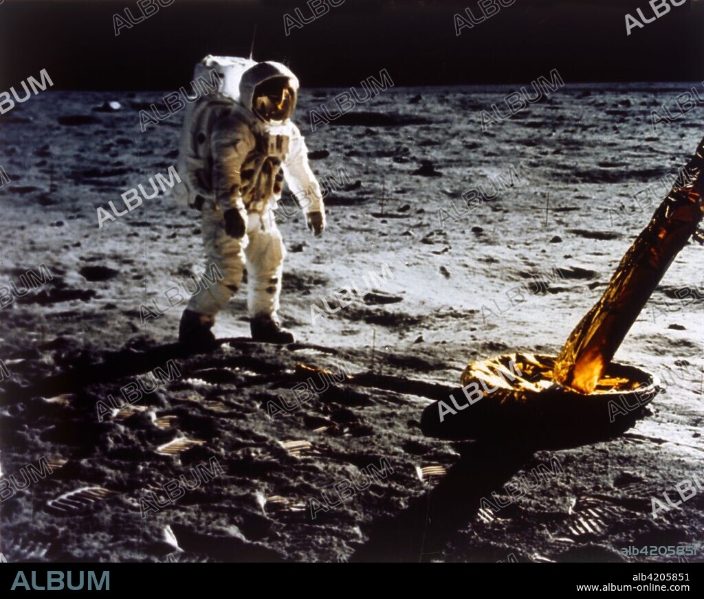 Buzz Aldrin by the leg of the Lunar Module, Apollo II mission, July 1969. Astronaut Buzz Aldrin on the lunar surface, standing by the footpad of the Lunar Module. The Apollo 11 Lunar Module, code named Eagle, with US astronauts Neil Armstrong and Buzz Aldrin on board, landed in the Sea of Tranquillity on 20 July 1969. Apollo 11 was the fifth manned Apollo mission, and was the first to land on the Moon.