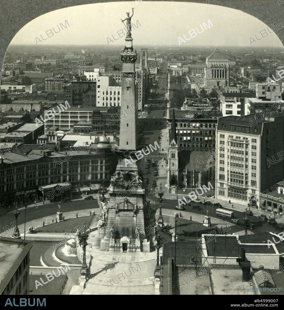 'Looking North over Soldiers' and Sailors' Monument in the Heart of Indianapolis, Ind.', c1930s. The neoclassical Soldiers and Sailors Monument was designed by German architect Bruno Schmitz and built from 1888-1901 to honour veterans of the American Civil and Revolutionary Wars. From "Tour of the World". [Keystone View Company, Meadville, Pa., New York, Chicago, London].