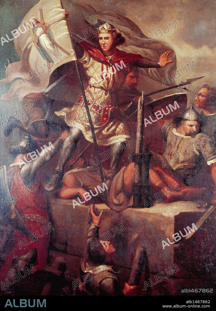 BERENGUER III, EL GRANDE (1082-1131). Conde de Barcelona y de Provenza. "EL CONDE BERENGUER III ALZANDO LA ENSEÑA DE BARCELONA (Santa Eulalia) EN LA TORRE DEL CASTILLO DE FOIX". Oleo sobre lienzo de Mariano FORTUNY (1838-1874) realizado en el año 1857. Representación de Ramón Berenguer III aplastando la sublevación en la Provenza (1116). Palau de la Generalitat. Barcelona. Cataluña.