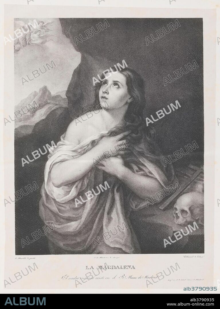 BARTOLOMÉ ESTEBAN MURILLO, JOSE DE MADRAZO Y AGUDO and ANTONIO GONZÁLEZ VILLAMIL. Bartolomé Esteban Murillo (Copy); Antonio González Villamil (Lithographer) (The original work, according to inscriptions, attributed to Murillo, Bartolomé Esteban); José de Madrazo y Agudo (Director); Real Establecimiento Litográfico de Madrid (Printer) / 'The Penitent Magdalen'. 1826 - 1837. Lithographic aquatint, Crayon lithography, Pen lithography, Printing on japon, Scraper on wove paper.