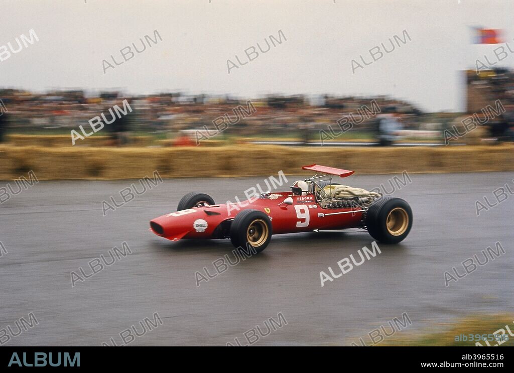 Chris Amon in a Ferrari V12, Dutch Grand Prix, Zandvoort, 1968. Having qualified in pole position, he finished the rain-affected race in 6th place. New Zealander Chris Amon drove in 108 Grands Prix between 1963 and 1976, having a reputation for terrible luck, with his best finishes being second on three occasions.