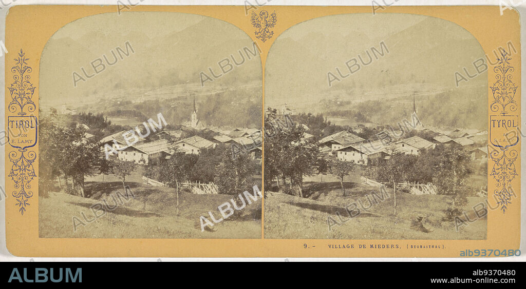 View of the village of Mieders in the Stubaital, Village de Mieders. (Stubaithal) (title on object), Tirol/Tyrol (series title on object), Ernest Eléonor Pierre Lamy (mentioned on object), Mieders, 1869, cardboard, paper, albumen print, height 87 mm × width 178 mm.