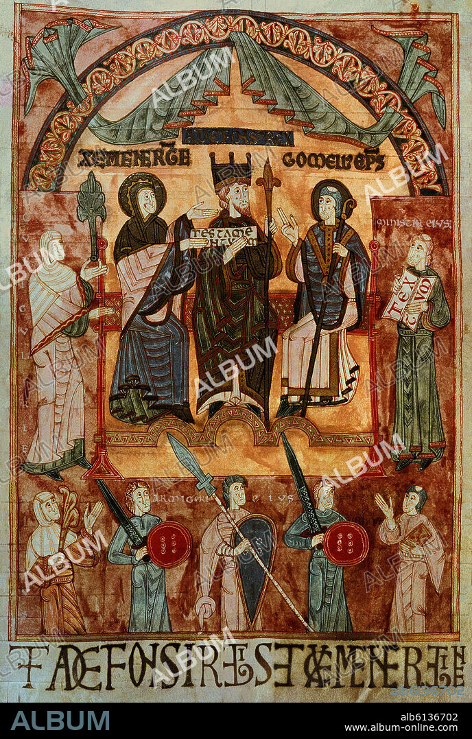 PAGINA MINIADA DEL LIBRO DE LOS TESTAMENTOS - 1109-1122 - JIMENA DE NAVARRA Y ALFONSO III DE ASTURIAS JUNTO AL OBISPO DE OVIEDO.