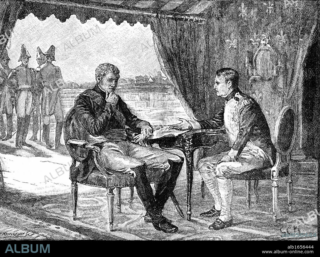 Alexander I Russia and Napoleon I (Bonaparte) of France meeting on a raft in the middle of the river Nieman, 25 June 1807. Napoleonic Wars: Treaty of Tilsit. Wood engraving c1880.