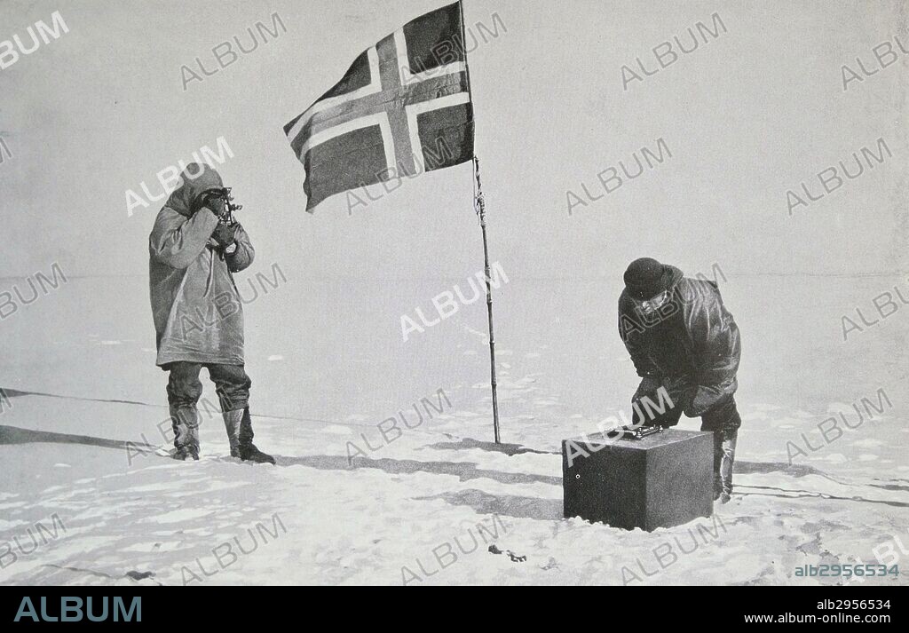 Captain Roald Amundsen (1872-1928) taking sights at the South Pole.