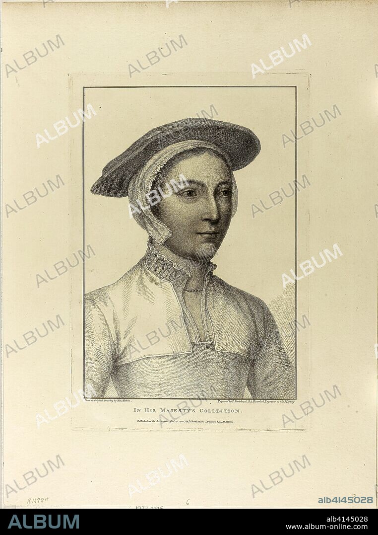 Portrait of a Young Woman. Francesco Bartolozzi (Italian, 1727-1815); after Hans Holbein the younger (German, 1497-1543). Date: 1799-1800. Dimensions: 297 x 203 mm (image); 341 x 228 mm (plate); 480 x 358 mm (sheet). Stipple engraving on cream wove paper. Origin: Italy.