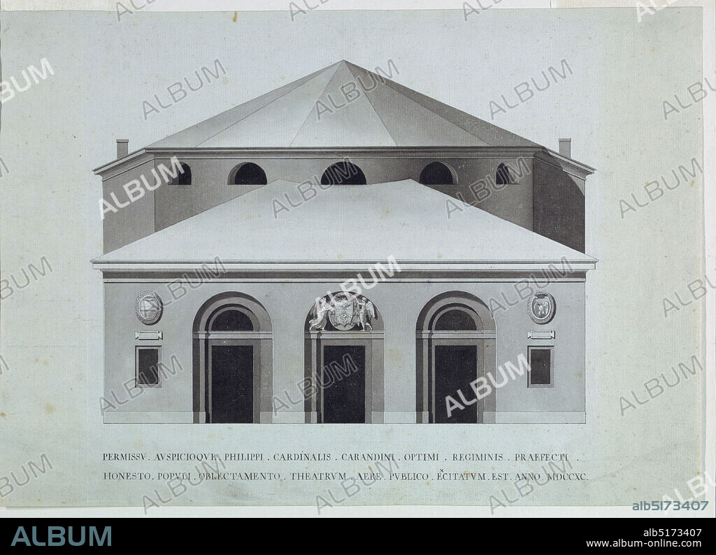 Elevation of the Teatro Vaccai, Tolentino, Italy, Pen and black ink, brush and gray wash on laid paper, Design for a theater. Elevation of the main facade of a portico with three arched doorways. The central doorway is decorated with coats of arms (of the cardinal of the town). The main body of the theater is visible behind the portico. It includes a semi-circular space, directly behind the portico. Inscription below the elevation., Italy, 1790, architecture, Drawing, Drawing.