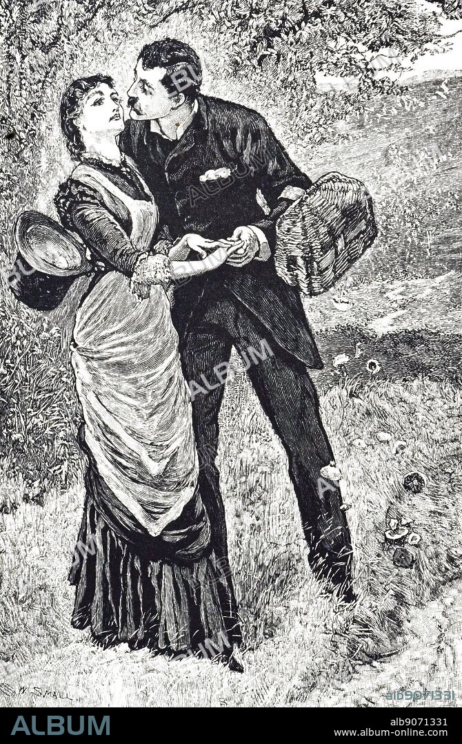 An engraving depicting a man dropping mushrooms from his basket while trying to kiss his female companion. Dated 19th century.
