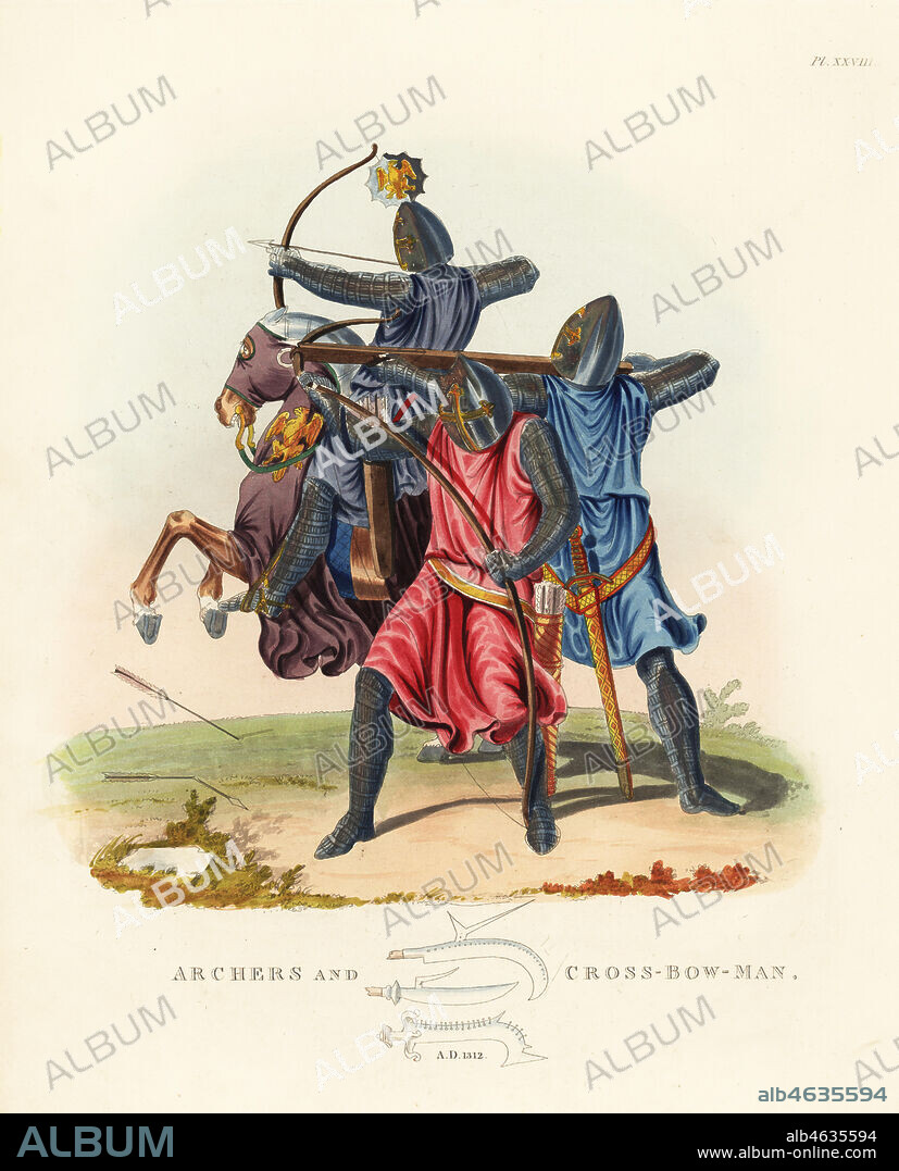 Archers and cross-bow-man, 1312. Mounted archer shooting, longbowman stringing his bow and crossbowman firing, all in uniform of hauberk and chausses of gamboised chainmail, surcoats, conical helmet with visor. Handcoloured lithograph after an illustration by S.R. Meyrick from Sir Samuel Rush Meyrick's A Critical Inquiry into Antient Armour, John Dowding, London, 1842.
