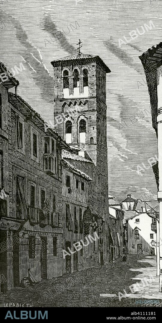 España. Toledo. Calle y campanario de la Iglesia de Santo Tomé. Dibujo por Urrabieta. Grabado por Sierra. Crónica General de España, Historia Ilustrada y Descriptiva de sus Provincias. Castilla-La Nueva, 1869. Biblioteca Histórico Militar de Barcelona, Cataluña, España.