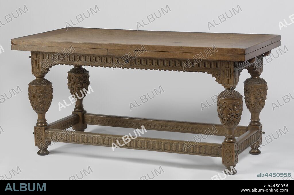 Draw-table table Drawing table on four legs connected by foot rails with vase-shaped center articulation around carved festoons and acanthus leaf, Oak table on four legs connected by foot rails, with vase-shaped middle section, which is adorned around with carved festoons and on top with acanthus leaf. The foot rules are grounded on two sides and show grunts on the outside and braided band on the inside. The dressing of the table, which has two drawers, is obtained by means of bed screws. The ends of the bridge are covered on both sides by shims. The magazine consists of four widths in 're-framed'., anonymous, Netherlands, c. 1600 - c. 1625, wood (plant material), oak (wood), ebony (wood), h 84 cm × l 170 cm × w 83.5 cm w 320 cm w 150 cm d 64 cm.