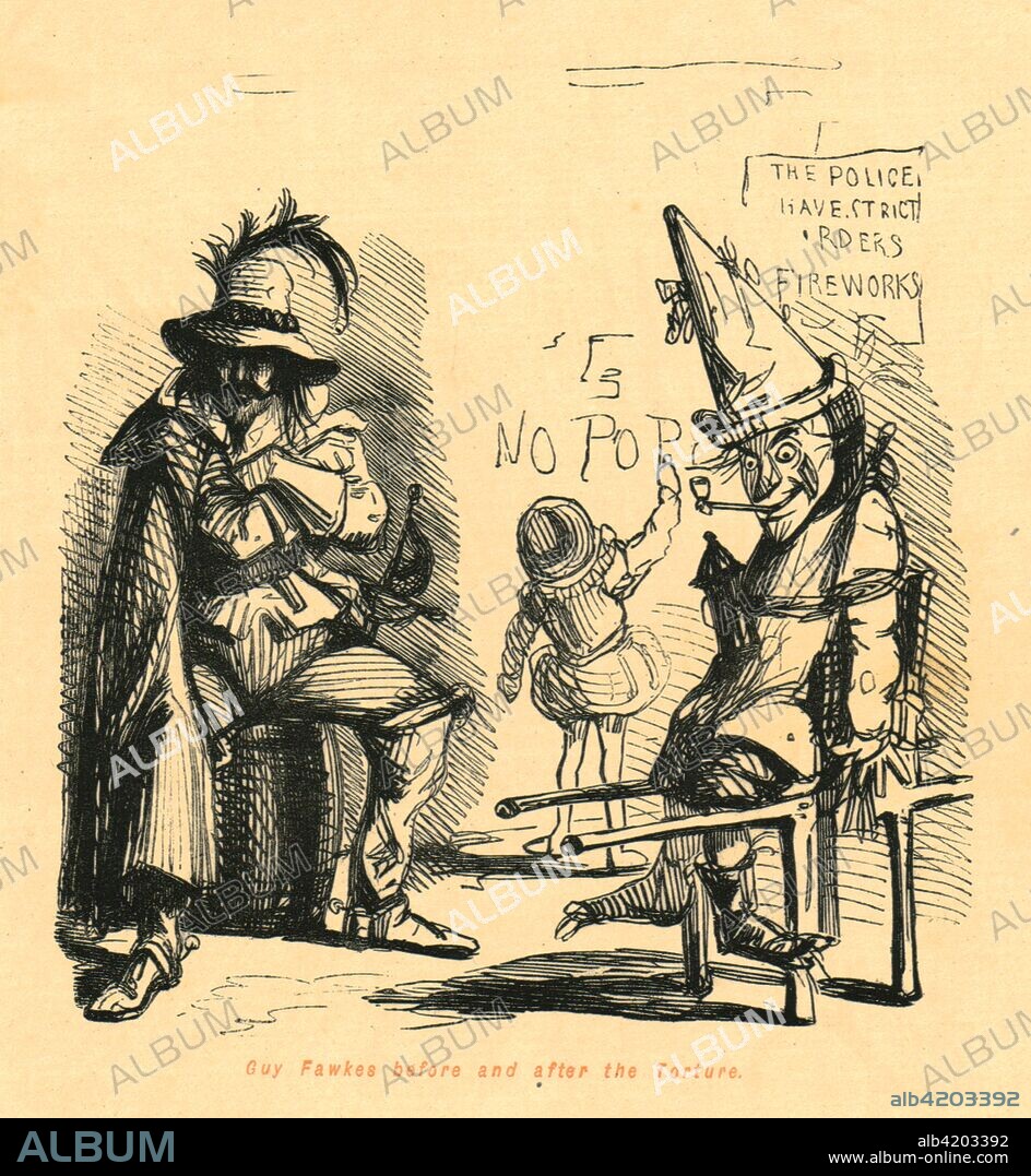 'Guy Fawkes before and after the Torture', 1897. The Gunpowder Plot of 1605 was a failed assassination attempt against King James I. The plan was to blow up the Houses of Parliament in London with gunpowder stored in the cellars. The conspirators were caught however - Guy Fawkes (1570-1606) and others were tortured and then hanged, drawn and quartered, opposite the building they had planned to blow up, in the Old Palace Yard at Westminster. Fawkes is seen here with a 'guy', an effigy of himself traditionally placed on top of bonfires on Fireworks Night, (5 November). From "The Comic History of England" by Gilbert Abbott A Beckett, with satirical illustrations by John Leech. [Bradbury, Agnew & Co, London, 1897].