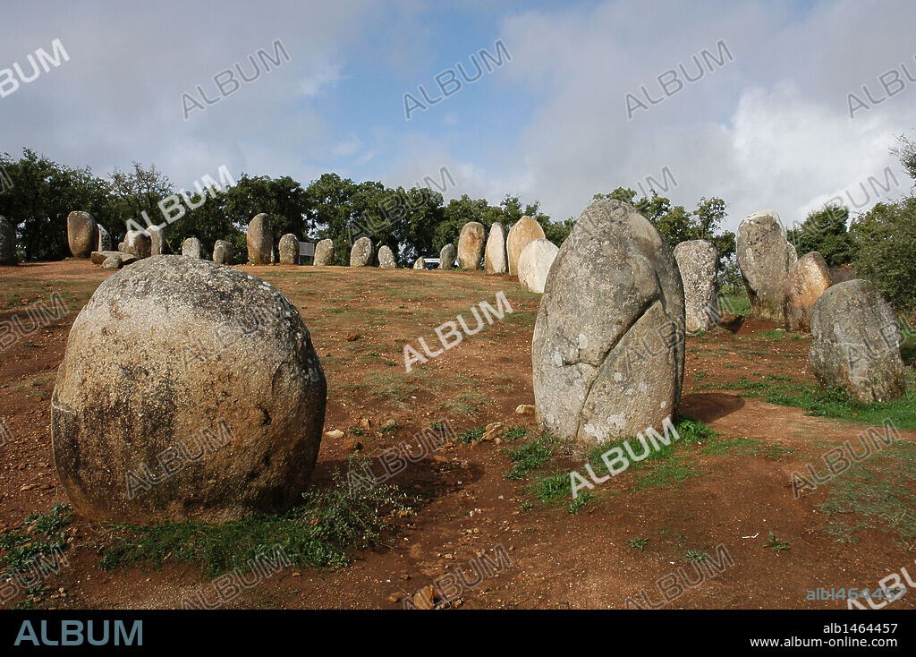 The Cromlech of the Almendres. Megalithic complex: Cromlechs and menhirs stones. 6th millennium BC. Neolithic. Near Evora. Alentejo region. Portugal.