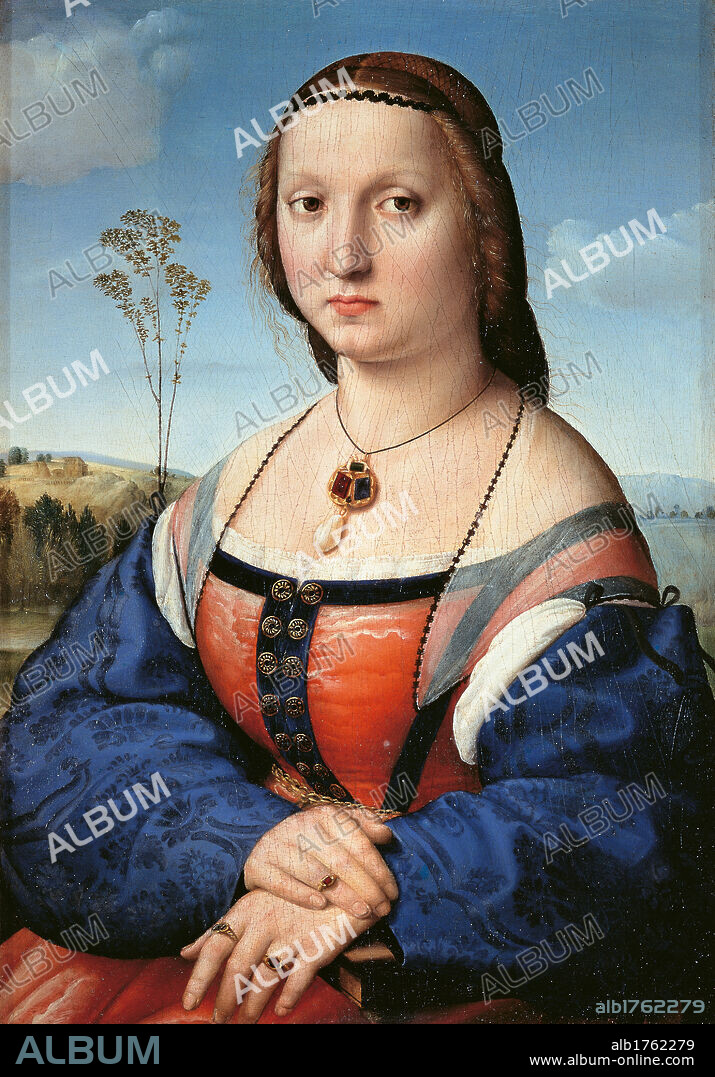 Portrait of Maddalena Doni, by Raffaello Sanzio, 1505, 16th Century, oil on panel, cm 63 x 45. Italy, Tuscany, Florence, Palazzo Pitti, Palatine Gallery. The pendant worn by Maddalena Doni has several meanings the unicorn symbolizes chastity the emerald possesses thaumaturgical powers and recalls the virtue of Chastity, the ruby conveys physical strength and gives prosperity to whom wears it, the sapphire is a symbol of purity and the pearl a symbol of virginity.. All. Female portrait noblewoman Maddalena Doni dress neckline necklace pendant emerald ruby sapphire pearl sleeves damask rings view landscape countryside blue green light blue azure red. Authorization required for non editorial use.