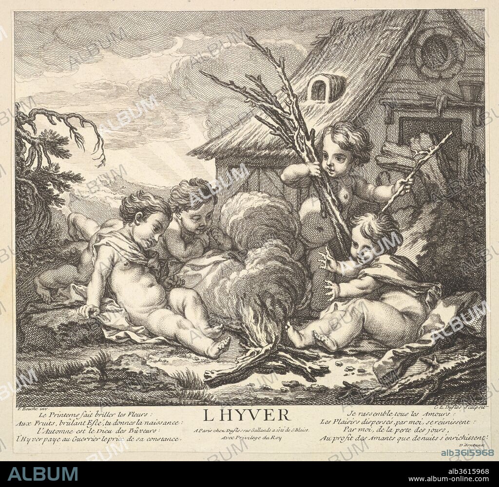 Winter. Artist: After François Boucher (French, Paris 1703-1770 Paris); Claude Augustin Duflos le Jeune (French, Paris 1700-1786 Paris). Dimensions: Sheet (trimmed): 8 15/16 × 9 5/8 in. (22.7 × 24.5 cm). Series/Portfolio: The Four Seasons
(Les Quatre Saisons). Date: 1735-86.