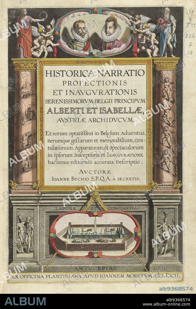 Title print for the description of the entry of Albrecht and Isabella into the Southern Netherlands, 1599, Historica narratio profectionis et inaugurationis serenissimorum Belgii principum Alberti et Isabellae Austriae archiducum (title on object), Title print for the description of the entry of Albrecht and Isabella de into Southern Netherlands, December 1599. Title print with the Latin title in an architectural frame with two columns on either side with military scenes on the left and putti on the right. At top busts of the Archduke Albert of Austria and Isabella Clara Eugenia, infante of Spain. At bottom a hippodrome with chariot races. Part of: Historica narratio profectionis et inaugurationis serenissimorum Belgii principum Alberti et Isabellae Austriae archiducum, the description of the couple's entries into Brussels, Antwerp, Ghent and Valenciennes, 1599., print maker: anonymous, publisher: Johannes Moretus (I) (mentioned on object), print maker: Southern Netherlands, publisher: Antwerp, 1600 - 1602, paper, engraving, height 342 mm × width 220 mm.