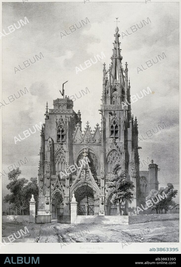 The Basilique Notre-Dame de l'epine, near Chalons-en-Champagne by Isidore Justin Severin Taylor, baron Taylor 1789-1879, Artist and philanthropist. From 'Voyages Pittoresques' 1857. The Basilique Notre-Dame de l'epine is a Roman Catholic basilica in the small village of L'epine, Marne, near Chalons-en-Champagne and Verdun. It is a major masterpiece in the Flamboyant Gothic style.