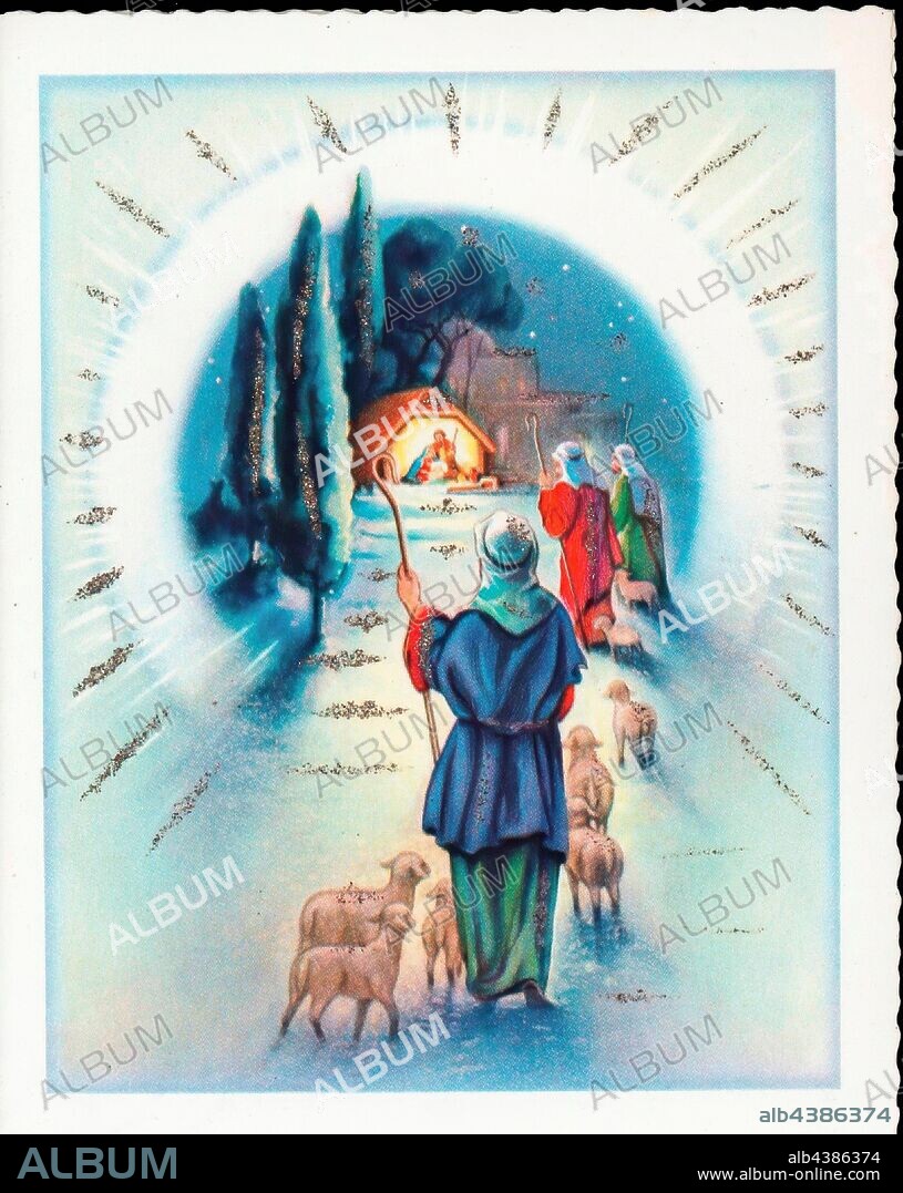 Christmas Card - Elizabeth Matheson, Nativity Scene, circa 1960s, Christmas Card made by Fifth Avenue circa 1960s. It features a nativity scene. It one of a series of cards collected by Mrs. Peg Harris who lived at Tollerton, Templeton Street, Avoca. The card is from Elizabeth Matheson it is not addressed to anyone specifically. Margaret 'Peg' Preston Harris (nee Brereton) grew up at 'Tollerton' with her mother Sara Brereton (nee Preston) and father William.