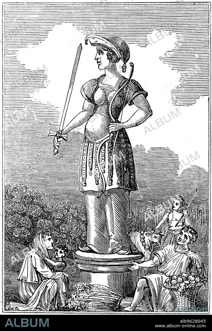 Freya (Frigg), goddess of love in Scandinavian mythology, 1834. The wife of Odin, Friday is named for her.