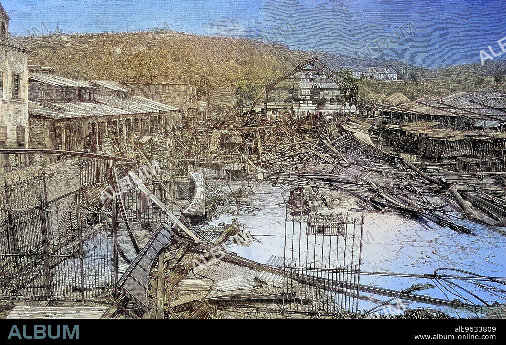 Schäden nach einem Zyklon auf der Insel Martinique. Die Ruinen der Markthalle in Fort-de-Frane. Der Martinique-Wirbelsturm von 1891, auch bekannt als Hurrikan San Magin, war ein starker, schwerer Wirbelsturm, der die Insel Martinique traf. Er verursachte schwere Schäden auf der Insel und hinterließ mehr als 700 Tote, historical, digital improved reproduction of an original from the 19th century / digitale Reproduktion einer Originalvorlage aus dem 19. Jahrhundert, Originaldatum nicht bekannt, ca 1880.