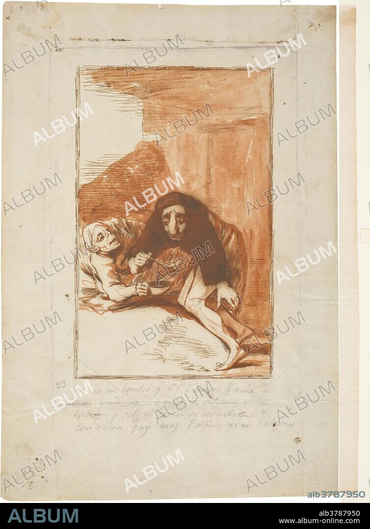 Francisco de Goya y Lucientes / 'Dream 23. This man was told his face was indecent so he wore his breeches on his head'. 1796 - 1797. Red wash, Pencil, Iron gall ink, Black chalk lines on dark yellow laid paper.