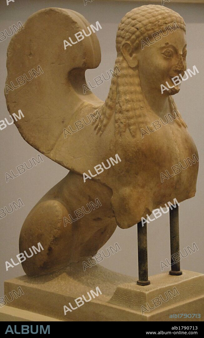 Greek art. 6th century BCE Greece. Votive statue of a sphinx. BC 560-550. Acropolis Museum. Athens. Greece.