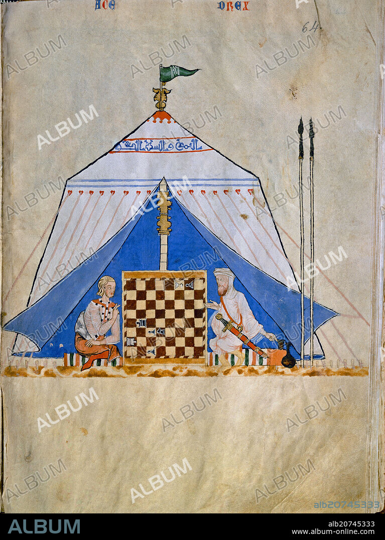 ALFONSO X EL SABIO (1221-1284). LIBRO DE JUEGOS O LIBRO DEL AJEDREZ DADOS Y TABLAS - 1283 - FOLIO 64R - DOS HOMBRES JUGANDO AL AJEDREZ EN UNA TIENDA DE CAMPAÑA - MANUS.