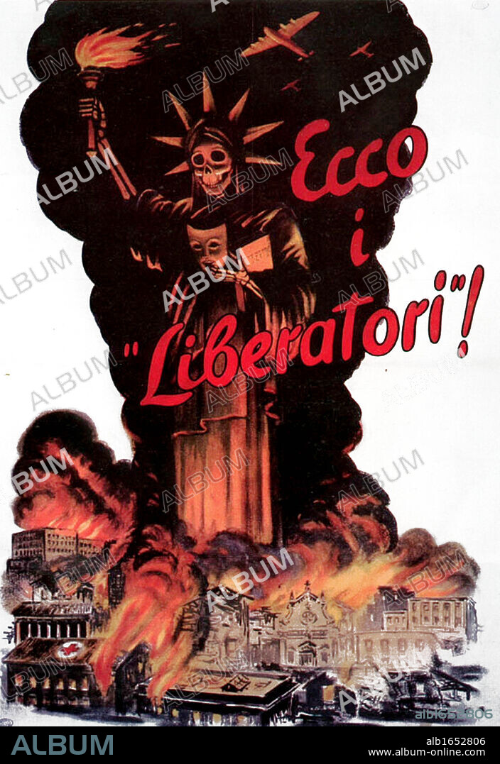 Italian World War II poster. 'Here are the liberators'. Shows the Statue of Liberty as an angel of death, with Italian cities destroyed after US bombing. Published by government of the Italian Social Republic (SALO).