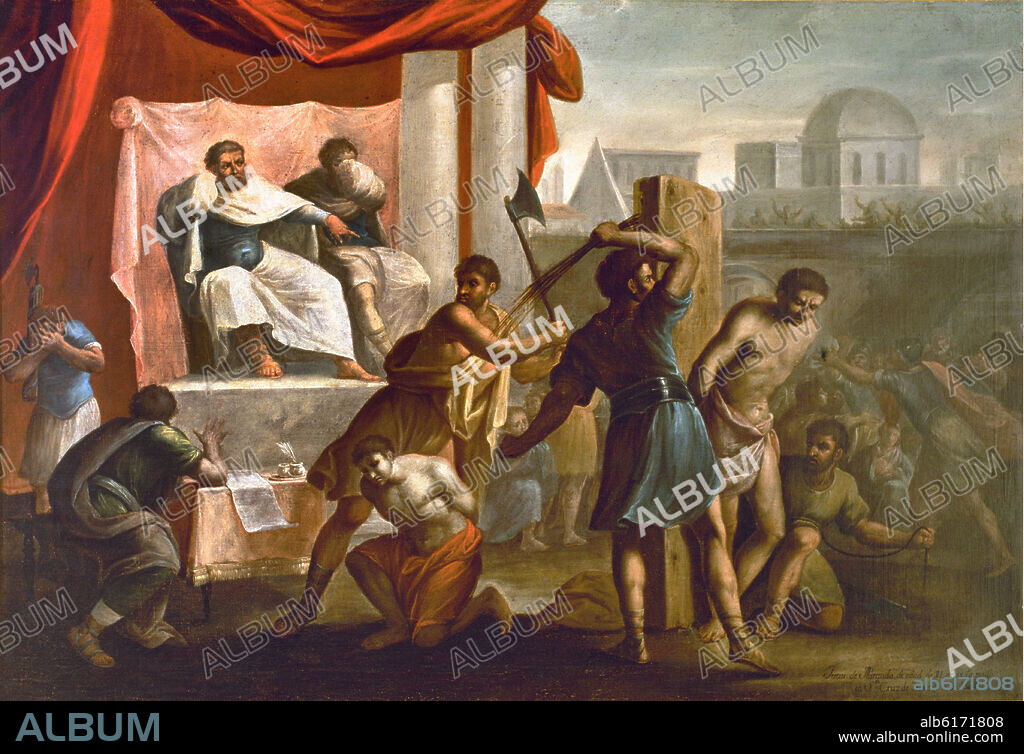 JUAN DE MIRANDA (1723-1805). SENTENCIA Y MUERTE DE TITO Y TIBERIO - PINTADO EN 1804 - PINTURA HISTORICISTA - COPIA DE GRABADO FRANCES.