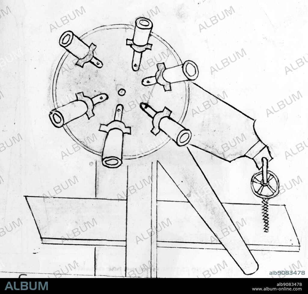 Cannon mounted on a wooden turntable, drawn by Konrad Kyeser in his treatise of 1405.
