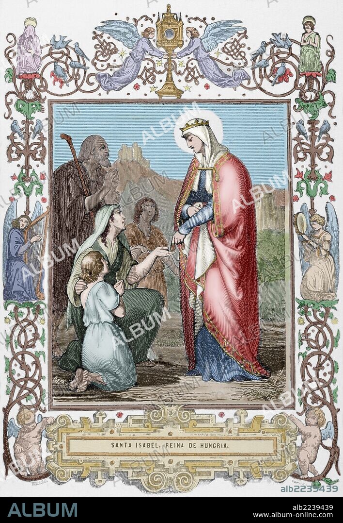 SANTA ISABEL DE HUNGRIA (1207-1231). Princesa húngara. Tras enviudar de Luis IV, entró en la orden de San Francisco. Canonizada en 1235. Símbolo de caridad cristiana para toda Europa. Grabado de Capuz. "Año Cristiano", 1852. Coloreado.