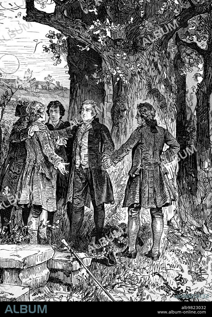 The Göttinger Hainbund was a German literary group in the late 18th century; close to nature and belonging to the Sturm und Drang; founded on 12 September 1772; Historical; digitally restored reproduction from a 19th century original.