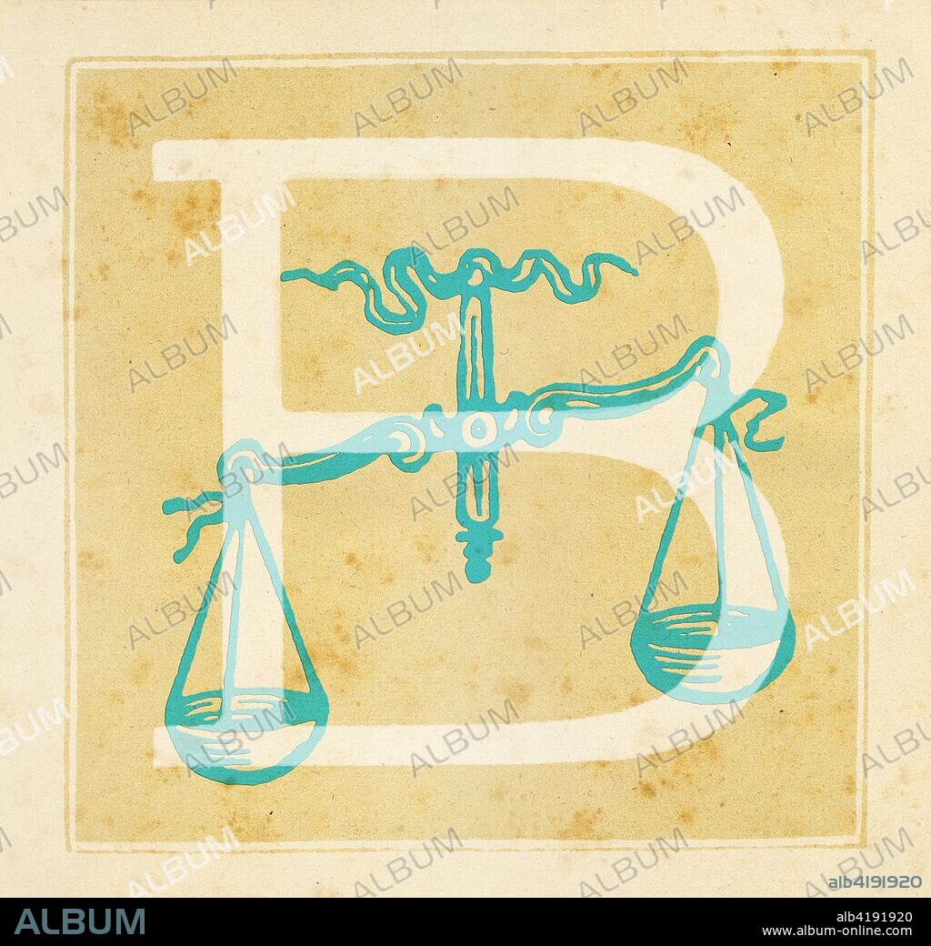 Libra dropped cap B with Libra Zodiac sign (September 23 - October 22). Digital illustration realized by assembling 19th century print elements. Elena Piccini / Fototeca Gilardi, Italy 2017.
