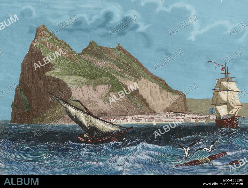 ANTONIO ROCA SALLENT (1813-1864). SPANISH ENGRAVER.. Gibraltar. Vista general. Grabado por Antonio Roca Sallent. Coloreado. Las Glorias Nacionales. Tomo V. Edición Madrid-Barcelona, 1853.