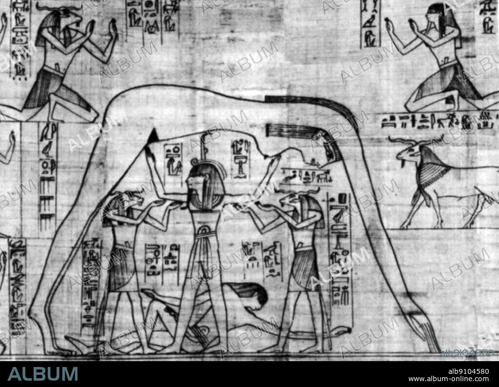 Goddess Nut, the Egyptian sky goddess supported by the air God Shu. In the Ennead mythology, Nuit (alternatively spelt Nut) was the sky goddess, in contrast to most other mythologies, which usually have a sky father. Nuit is a daughter of Shu, god of the air, and Tefnut, goddess of moistness.