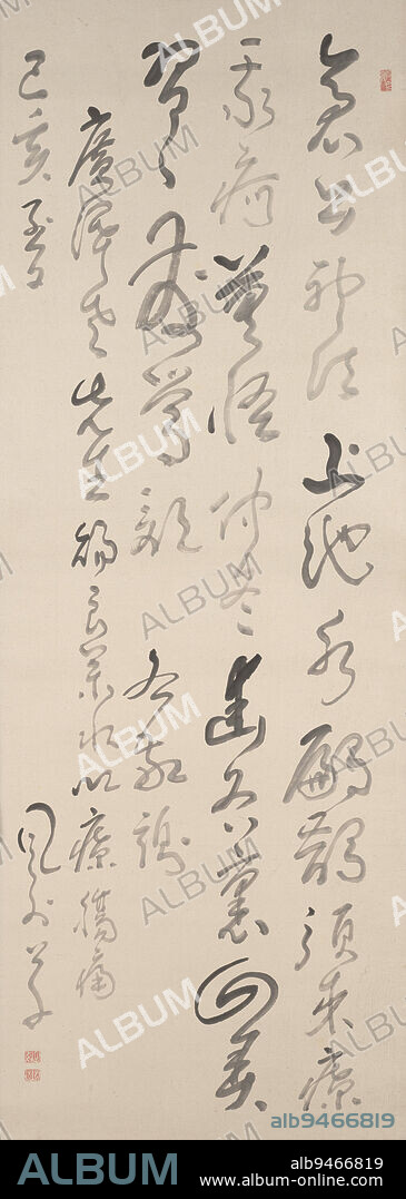 Taiga-style Calligraphy, 1839, Fgai Honk, Japanese, 1779 - 1847, 44 7/8 × 16 1/16 in. (113.98 × 40.8 cm) (image)69 3/4 × 20 15/16 in. (177.17 × 53.18 cm) (mount, without roller), Ink on paper, Japan, 19th century, Fgai playfully experimented with tonality, size, and writing in this work. One can see the ink running out, and the brush being dipped into ink through the change in ink tones. Taking advantage of the looseness of structure of the running-cursive script, he varies the size of each character as well, elongating some characters while flattening others, thus creating a visual rhythm in addition to the poetic rhymes.
