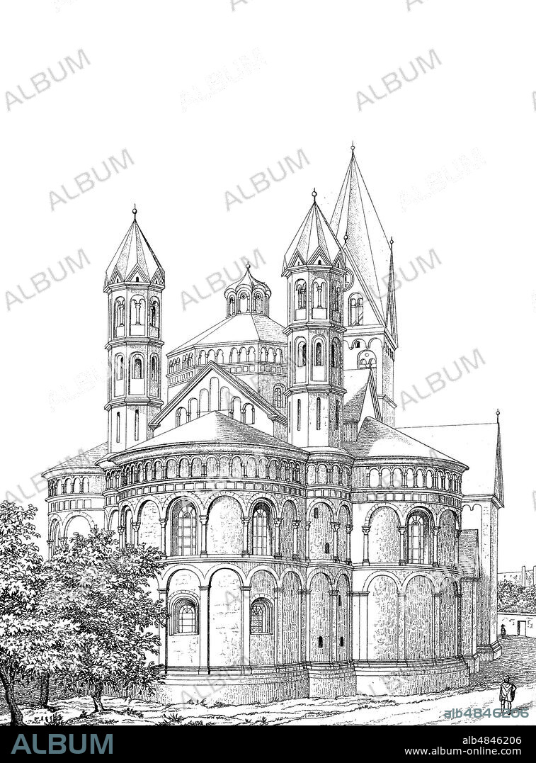 Basilica of the Holy Apostles, Cologne, North Rhine-Westphalia, Germany, St. Aposteln, römisch-katholische Kirche, romanische Kirche, Köln, Nordrhein-Westfalen, Deutschland, digital improved reproduction of an historical image.