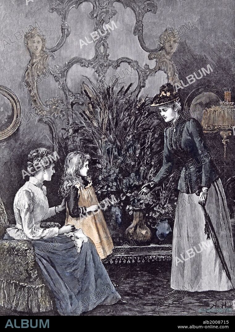 The New Governess; A. Hopkins; Child; 1892;, shy; anticipation; umbrella; skirt; black gloves; baroque interior; baroque decoration; pots; flowers; plants; mirror; sofa; handkerchief; hat; ovall silhouette; collar; under-sleeves; expectations; lad; gas lamp;.