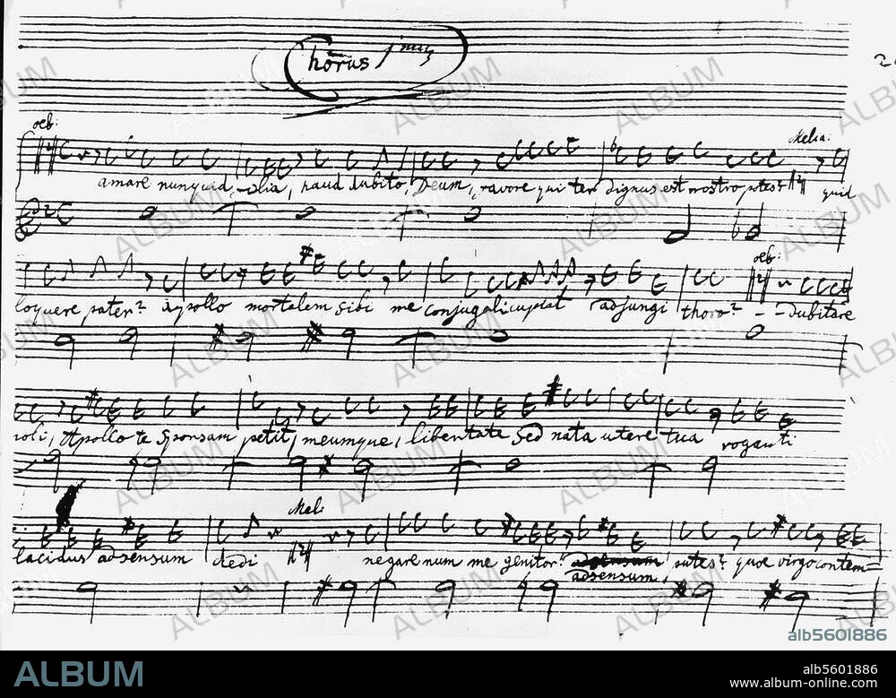 Mozart, Wolfgang Amadeus; 1756-1791. Works: Apollo et Hyacinthus seu Hyacinthi Metamorphosis (school opera; libr. Rufinus Widl; FP Salzburg University, 13.5.1767). Begin. of th. Chorus primus in Act II. Score in Mozart's hand. Berlin, Staatsbibliothek Preußischer Kulturbesitz.