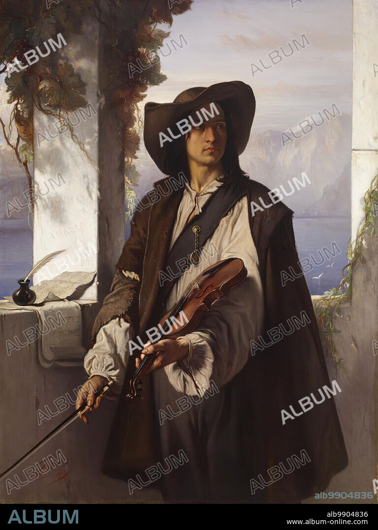 LOUIS GALLAIT. Art and Liberty, 1859. This painting typifies the so-called "juste-milieu" (middle path) for which Gallait was so admired during his lifetime. The subject is Romantic in its idealization of the poor but virtuous itinerant musician, who bows to no authority but his own artistic muse. At the same time, it is restrained in its emotional tenor and painted with great technical assurance in the rendering of the body and in the carefully described details of the musician's dress. This is a reduced version of this subject now at the Musées royaux des Beaux-Arts of Belgium. When the larger version was exhibited at the Salon of 1851, critics praised the composition for its masterful drawing and melancholic dignity.